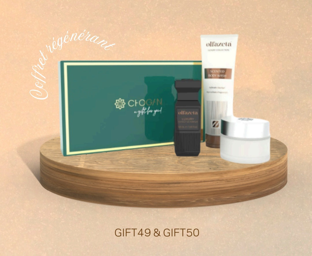 Das Chogan Coffret Régénérant ist ein elegantes Luxus Pflegeset mit allem, was Haut und Sinne verwöhnt. Enthalten sind:
Olfazeta Scented Body Wash – duftendes Duschgel für erfrischende Pflege,
Olfazeta Eau de Parfum ART. 134 – eleganter, langanhaltender Duft,
Regenerierende Pflegecreme – spendet Feuchtigkeit und unterstützt die Hauterneuerung.