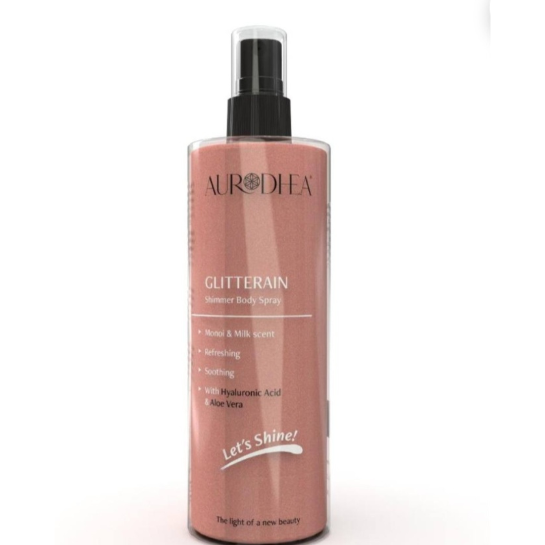 GLITTERAIN – Golden Shimmer Body Spray
Angereichert mit Hyaluronsäure & Aloe Vera
GLITTERAIN von Aurodhea