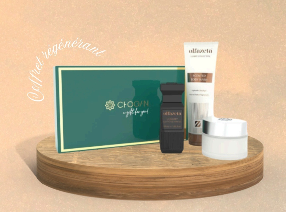 Das Chogan Coffret Régénérant ist ein elegantes Luxus Pflegeset mit allem, was Haut und Sinne verwöhnt. Enthalten sind:
Olfazeta Scented Body Wash – duftendes Duschgel für erfrischende Pflege,
Olfazeta Eau de Parfum ART. 134 – eleganter, langanhaltender Duft,
Regenerierende Pflegecreme – spendet Feuchtigkeit und unterstützt die Hauterneuerung.