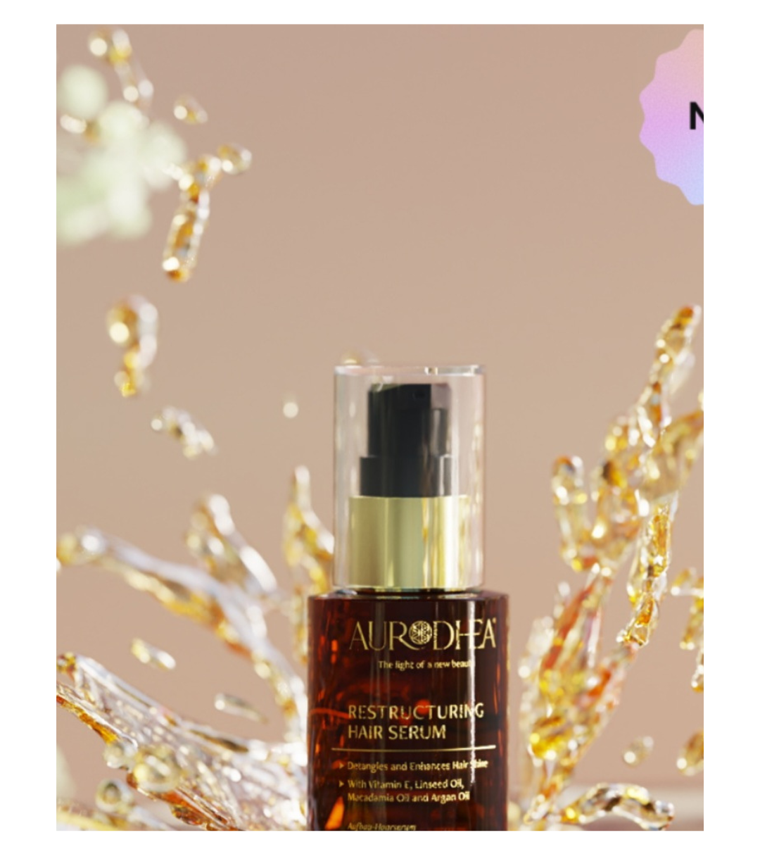 Serum capillaire Aufbau de bienêtre en soit avec huile d'argan, pour soin et brillance des cheveux, flacon avec pompe.