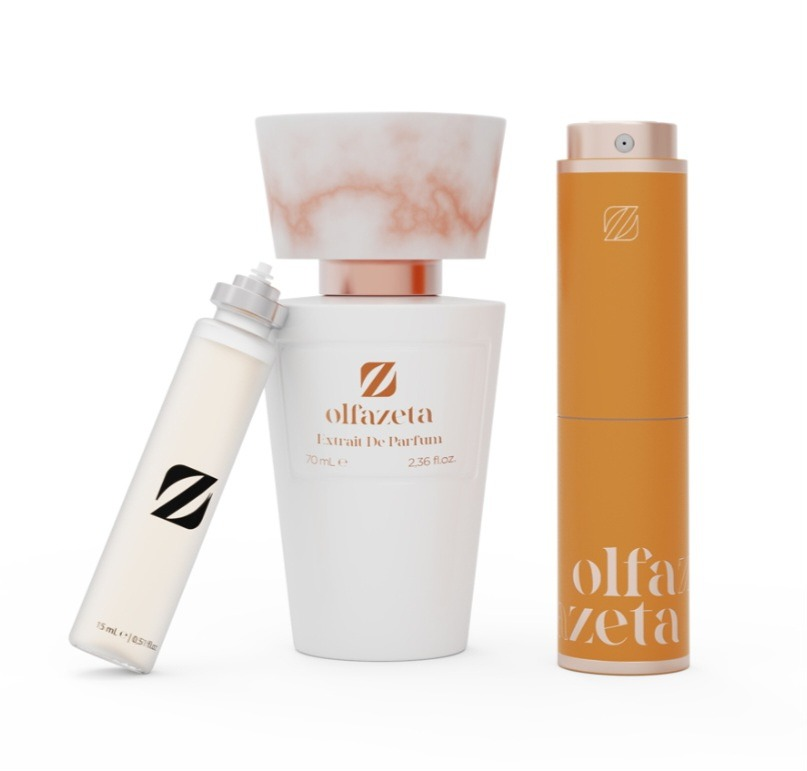 Parfum féminin Divine Aura de bienêtre en soit, flacon élégant avec un design sophistiqué, parfait pour une fragrance raffinée