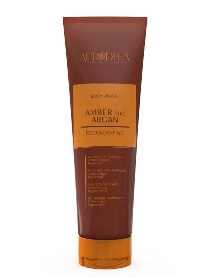 Gel douche Aurodhea Amber & Argan de Chogan, flacon de 250 ml, avec texture crémeuse et parfum chaud.