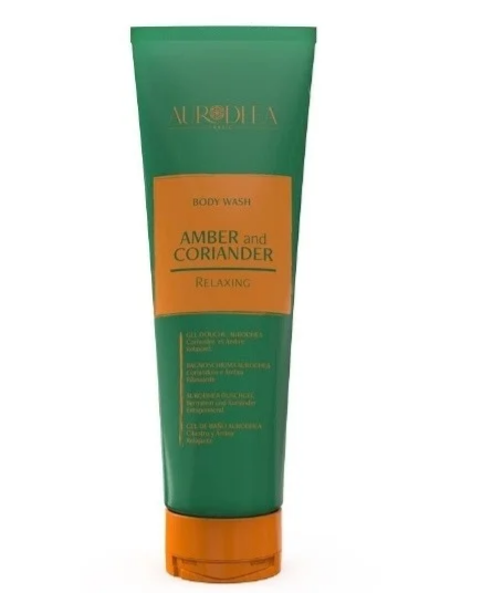 Gel douche Aurodhea Koriandre et Ambre de 250 ml, flacon en plastique avec étiquette colorée et bouchon blanc.