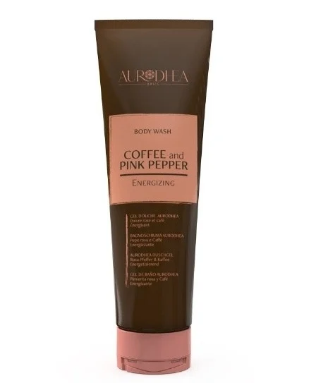 Gel douche Aurodhea Rosa Pfeffer et Café de 250 ml, flacon élégant avec étiquette colorée, pour une douche rafraîchissante.