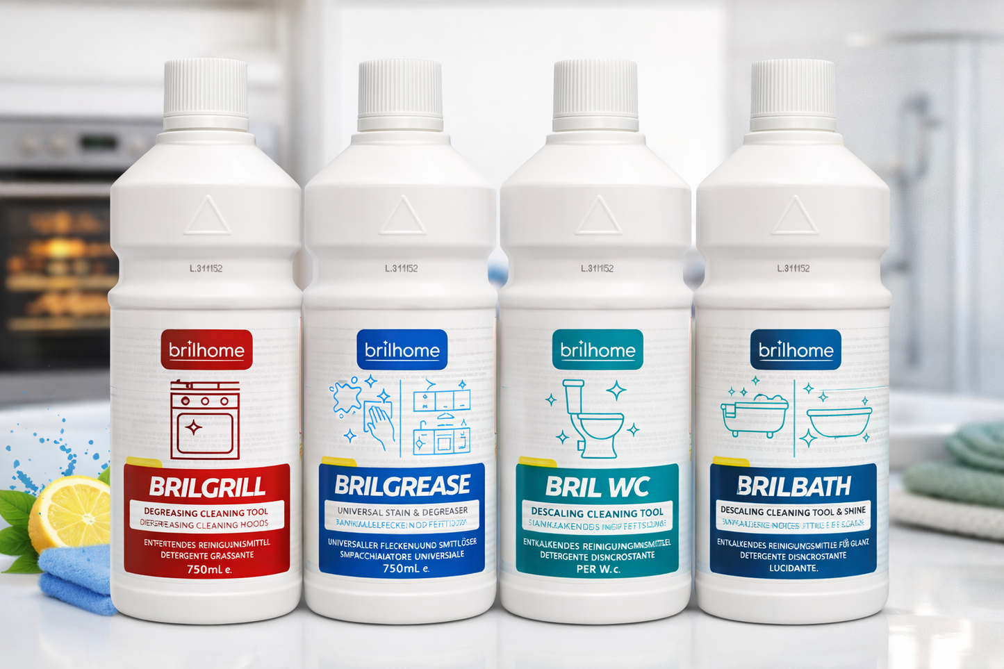 Ensemble de produits de nettoyage Essentielles Reinigungsset de Chogan, bouteilles et accessoires pour entretien domestique.