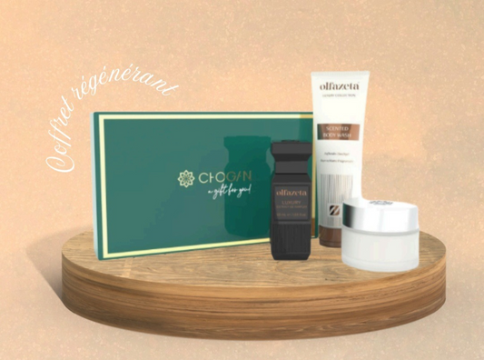 Das Chogan Coffret Régénérant ist ein elegantes Luxus Pflegeset mit allem, was Haut und Sinne verwöhnt. Enthalten sind:

Olfazeta Scented Body Wash – duftendes Duschgel für erfrischende Pflege,

Olfazeta Eau de Parfum ART. 134 – eleganter, langanhaltender Duft,

Regenerierende Pflegecreme – spendet Feuchtigkeit und unterstützt die Hauterneuerung.