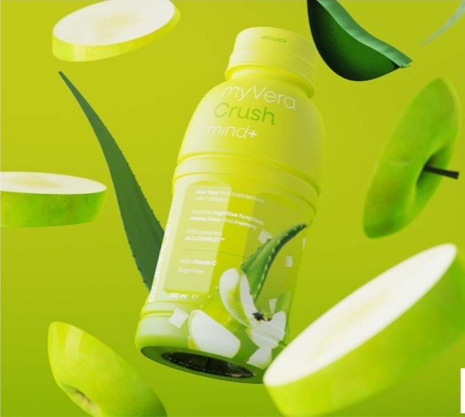 MYVERA CRUSH Mind + ist ein nootropisches Nahrungsergänzungsmittel mit Koffein auf der Basis von Blattsaft und Blattmark der Aloe Vera sowie Vitamin C.