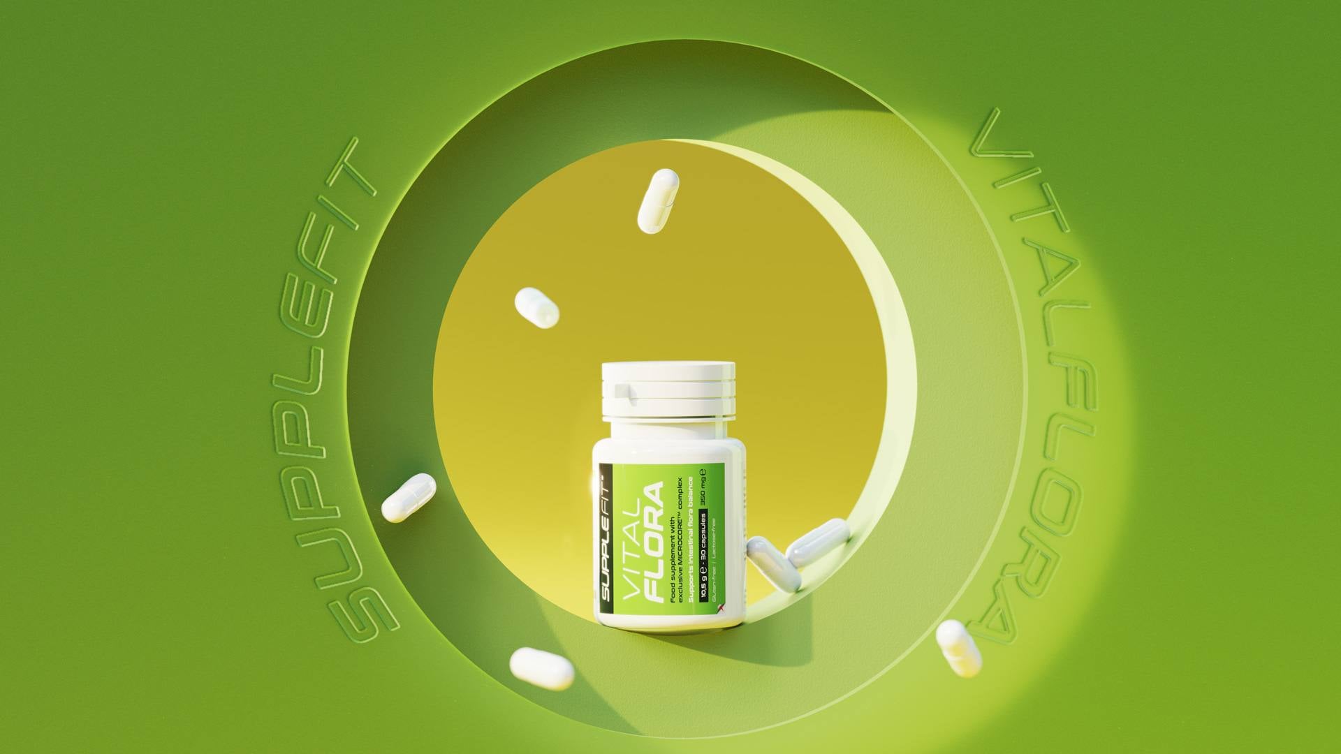 VITALFLORA Nahrungsergänzungsmittel in Kapseln von bienêtre en soit auf einer weißen Oberfläche.