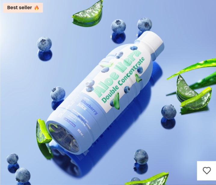 Jus d'aloe vera en feuilles avec sirop de myrtille, complément alimentaire de 675 ml, dans une bouteille transparente.