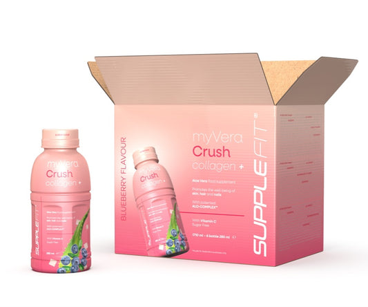 Complément alimentaire MYVERA CRUSH Collagen + de bienêtre en soit, bouteille avec comprimés blancs et étiquette bleu.