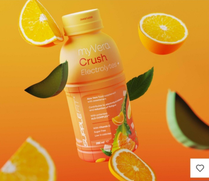 Complément alimentaire MYVERA CRUSH Electrolytes+ Orange de bienêtre en soit, boisson rafraîchissante à l'orange, pour l'hydratation.