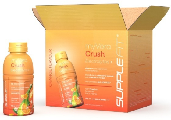 Complément alimentaire MYVERA CRUSH Electrolytes+ Orange, boisson rafraîchissante pour l'hydratation, en bouteille.