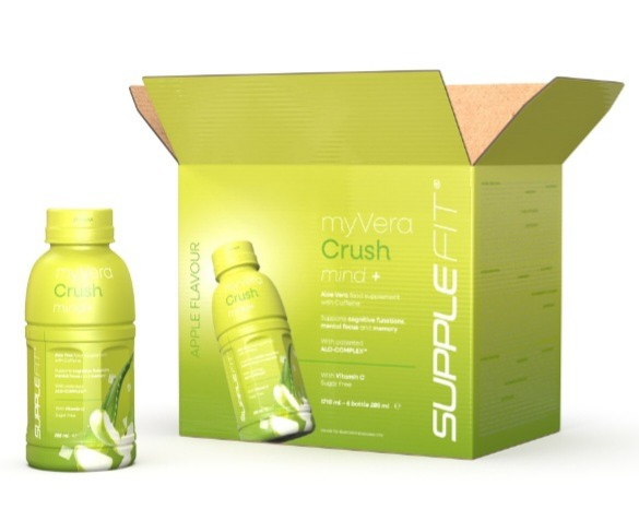 Complément alimentaire MYVERA CRUSH Mind+ de bienêtre en soit, capsule verte avec étiquette bleue, pour la concentration et la mémoire.