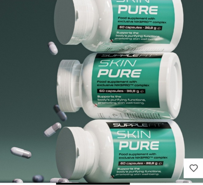 Complément alimentaire SKINPURE de bienêtre en soit en capsules pour la santé de la peau, présenté dans un flacon blanc.