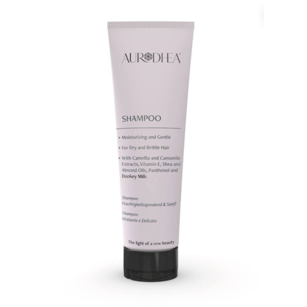 Shampoing bienêtre en soit à base de lait d'ânesse, 250 ml pour cheveux doux et hydratés, bouteille avec étiquette bleue.