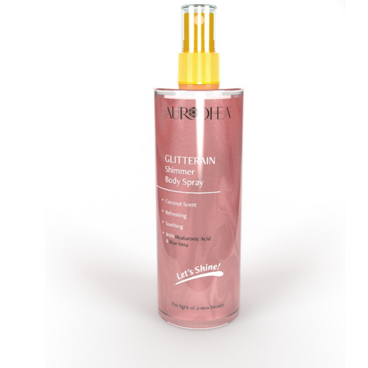 Spray corporel bienêtre en soit Glitterain Pink avec parfum de coco, brillance scintillante, flacon de 150 ml.