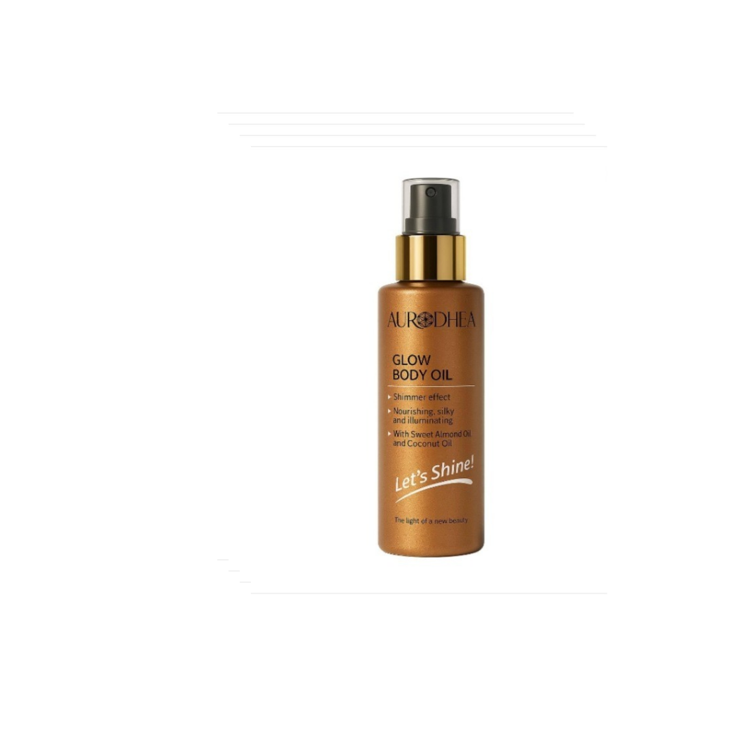 Huile pour le corps Glow Body Oil Aurodea de bienêtre en soit, soin hydratant pour corps et visage, flacon avec pompe.