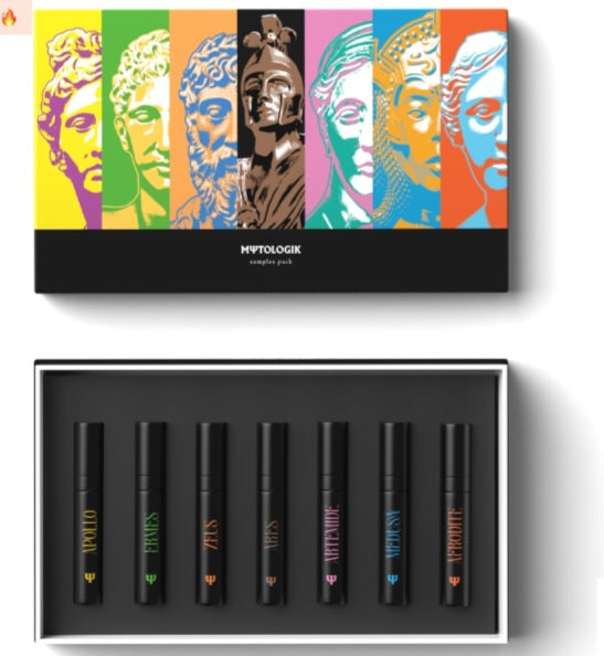 Ensemble de découverte de parfums MΨTΟLOGIK, collection de petits flacons de parfum bienêtre en soit, visible sur fond blanc.