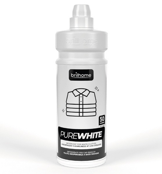 Produit ménager bienêtre en soit Pure White, détergent pour linge blanc, bouteille avec étiquette blanche visible.