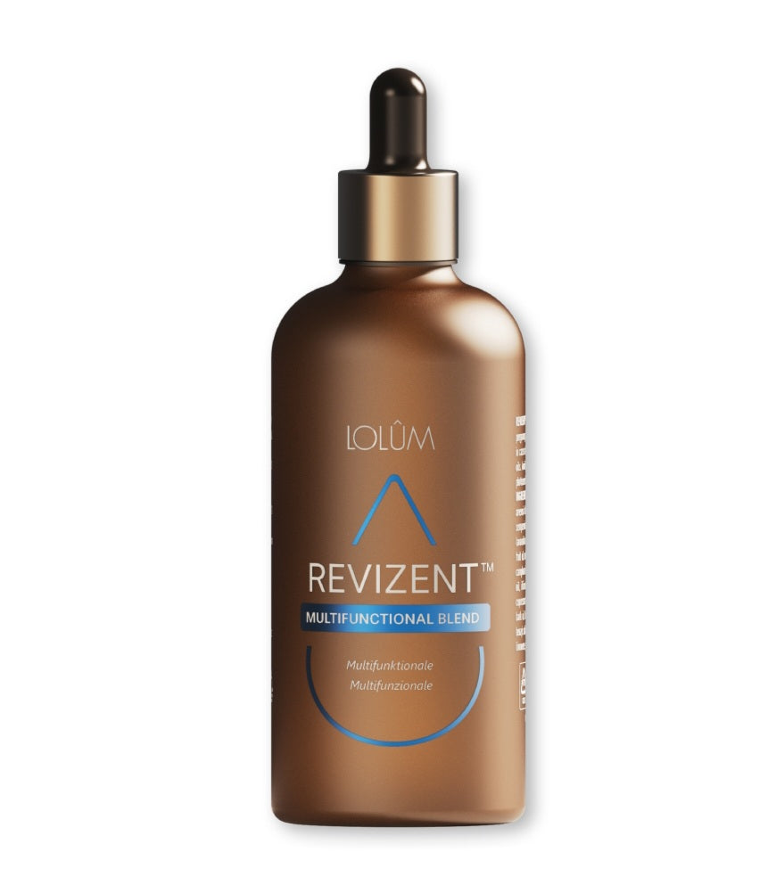 Mélange d'huiles essentielles REVIZENT™ de 50 ml, huile végétale multifonctionnelle, dans un flacon en verre avec étiquette.
