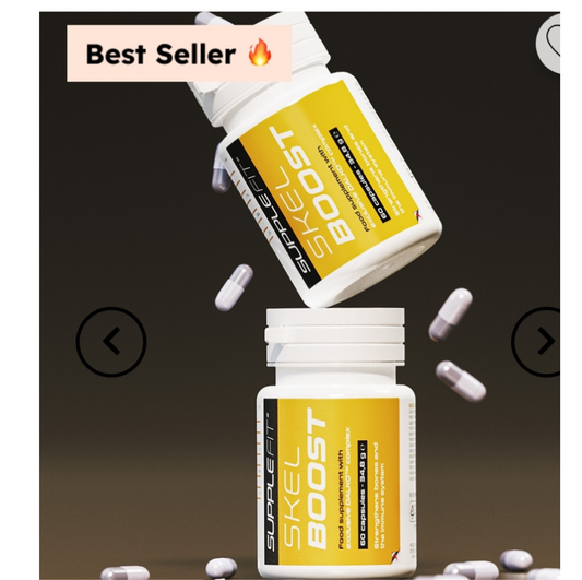 Complément alimentaire SKELBOOST Kapseln pour une vie active, présenté en boîte avec capsules visibles.