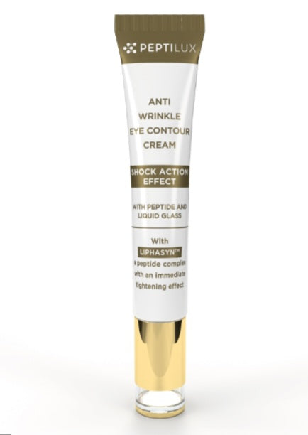 Crème contour des yeux Peptilux de Chogan, soin anti-rides pour le visage et la peau, dans un tube blanc avec logo.