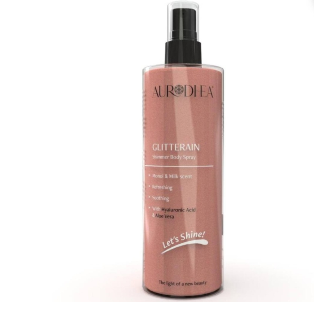 Glow Body oil 100ml | bienêtre en soit Spray corporel doré Glitterain Gold Monoi Milch de 150 ml, produit de soin solaire parfumé pour la peau.