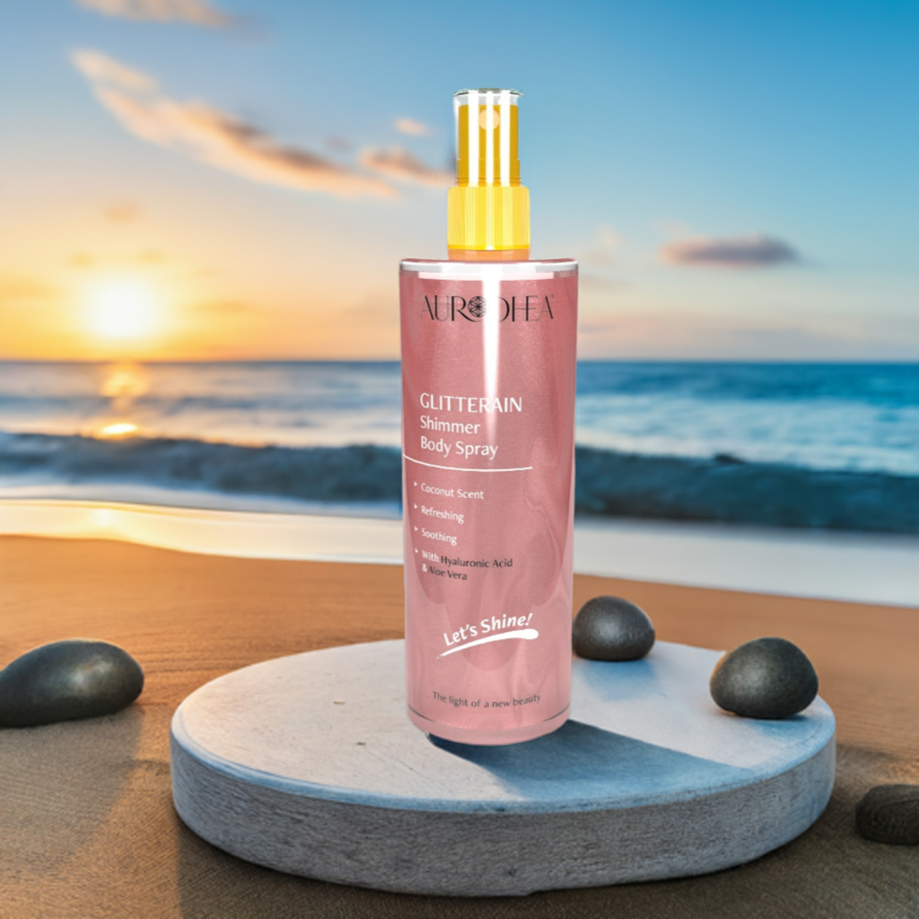 Spray corporel doré Glitterain Gold Monoi Milch de 150 ml, corps brillant, hydratant, parfumé et solaire.